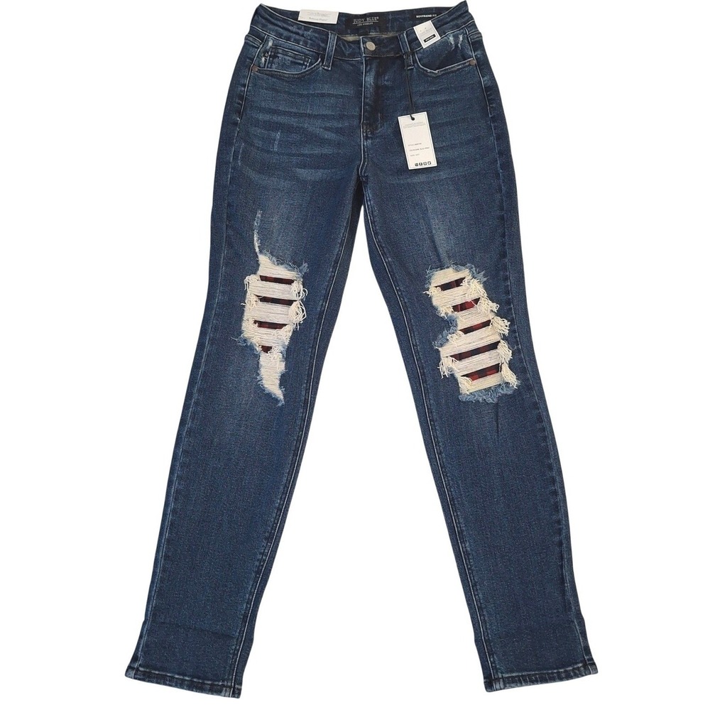 Judy Blue Mid Rise Boyfriend Jeans Women's 5/27 Buffalo Plaid Blue Denim NWT